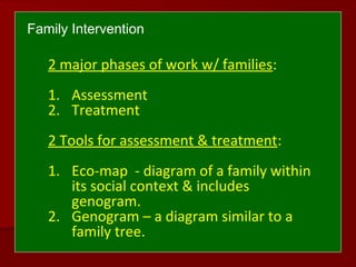 Family Intervention
2 major phases of work w/ families:
1. Assessment
2. Treatment
2 Tools for assessment & treatment:
1. Eco-map - diagram of a family within
its social context & includes
genogram.
2. Genogram – a diagram similar to a
family tree.
 