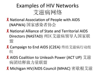 Examples of HIV Networks ̲ National Association of People with AIDS (NAPWA) ҸȾЭ National Alliance of State and Territorial AIDS Directors (NASTAD) ̲쵼˹ Campaign to End AIDS (C2EA) սᰬ̲ж֯ AIDS Coalition to Unleash Power (ACT UP) ̲Žͷ Michigan HIV/AIDS Council (MHAC) Ъ̲» 