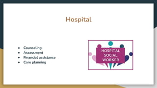 Hospital
● Counseling
● Assessment
● Financial assistance
● Care planning
 
