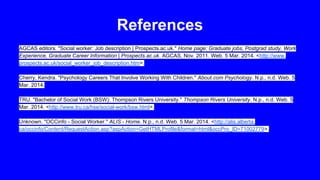 References
AGCAS editors. "Social worker: Job description | Prospects.ac.uk." Home page: Graduate jobs, Postgrad study, Work
Experience, Graduate Career Information | Prospects.ac.uk. AGCAS, Nov. 2011. Web. 5 Mar. 2014. <http://www.
prospects.ac.uk/social_worker_job_description.htm>.
Cherry, Kendra. "Psychology Careers That Involve Working With Children." About.com Psychology. N.p., n.d. Web. 5
Mar. 2014.
TRU. "Bachelor of Social Work (BSW): Thompson Rivers University." Thompson Rivers University. N.p., n.d. Web. 5
Mar. 2014. <http://www.tru.ca/hse/social-work/bsw.html>.
Unknown. "OCCinfo - Social Worker." ALIS - Home. N.p., n.d. Web. 5 Mar. 2014. <http://alis.alberta.
ca/occinfo/Content/RequestAction.asp?aspAction=GetHTMLProfile&format=html&occPro_ID=71002779>.

 