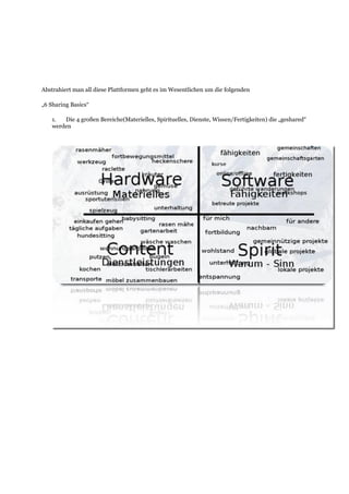 Abstrahiert man all diese Plattformen geht es im Wesentlichen um die folgenden
„6 Sharing Basics“
1. Die 4 großen Bereiche(Materielles, Spirituelles, Dienste, Wissen/Fertigkeiten) die „geshared“
werden
 