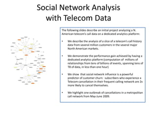 Social Network Analysis with Telecom DataThe following slides describe an initial project analyzing a N. American telecom’s call data on a dedicated analytics platform:We describe the analysis of a slice of a telecom’s call history data from several million customers in the several major North American markets.We demonstrate the performance gain achieved by having a dedicated analytics platform (computation of  millions of relationships from tens of billions of events, spanning tens of TB of data, in less than one hour)We show  that social network influence is a powerful predictor of customer churn:  subscribers who experience a Telecom cancellation in their frequent calling network are 2x more likely to cancel themselves.We highlight one outbreak of cancellations in a metropolitan call network from May-June 2009.
