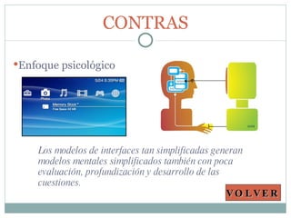 Los modelos de interfaces tan simplificadas generan modelos mentales simplificados también con poca evaluación, profundización y desarrollo de las cuestiones. CONTRAS Enfoque psicológico VOLVER 