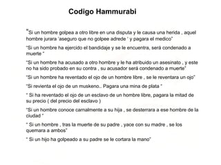 Codigo Hammurabi “ Si un hombre golpea a otro libre en una disputa y le causa una herida , aquel hombre jurara ‘aseguro que no golpee adrede ‘ y pagara el medico” “ Si un hombre ha ejercido el bandidaje y se le encuentra, será condenado a muerte “ “ Si un hombre ha acusado a otro hombre y le ha atribuido un asesinato , y este no ha sido probado en su contra , su acusador será condenado a muerte” “ Si un hombre ha reventado el ojo de un hombre libre , se le reventara un ojo” “ Si revienta el ojo de un muskeno.. Pagara una mina de plata “ “  Si ha reventado el ojo de un esclavo de un hombre libre, pagara la mitad de su precio ( del precio del esclavo ) “ Si un hombre conoce carnalmente a su hija , se desterrara a ese hombre de la ciudad “ “  Si un hombre , tras la muerte de su padre , yace con su madre , se los quemara a ambos” “  Si un hijo ha golpeado a su padre se le cortara la mano”  