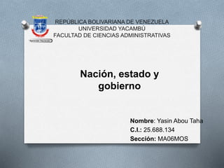 REPÚBLICA BOLIVARIANA DE VENEZUELA
UNIVERSIDAD YACAMBÚ
FACULTAD DE CIENCIAS ADMINISTRATIVAS
Nombre: Yasin Abou Taha
C.I.: 25.688.134
Sección: MA06MOS
Nación, estado y
gobierno
 
