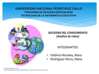 UNIVERSIDAD NACIONAL PEDRO RUIZ GALLO
PROGRAMA DE SEGUNDA ESPECIALIDAD
TECNOLOGÍA DE LA INFORMATICA EDUCATIVA

SOCIEDAD DEL CONOCIMIENTO
(Análisis de video)

INTEGRANTES:
• Valdivia Morales, Mara
• Rodriguez Risco, Diana
http://4.bp.blogspot.com/L9P4DqHkRyg/UAczWpli7cI/AAAAAAAAAII/rCtGGOVoio0/s1600/extranet1.gif

 