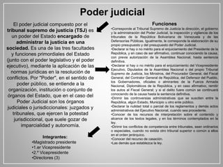 Poder judicial
El poder judicial compuesto por el
tribunal supremo de justicia (TSJ) es
un poder del Estado encargado de
administrar la justicia en una
sociedad. Es una de las tres facultades
y funciones primordiales del Estado
(junto con el poder legislativo y el poder
ejecutivo), mediante la aplicación de las
normas jurídicas en la resolución de
conflictos. Por "Poder", en el sentido de
poder público, se entiende a la
organización, institución o conjunto de
órganos del Estado, que en el caso del
Poder Judicial son los órganos
judiciales o jurisdiccionales: juzgados y
tribunales, que ejercen la potestad
jurisdiccional, que suele gozar de
imparcialidad y autonomía.
Funciones
•Corresponde al Tribunal Supremo de Justicia la dirección, el gobierno
y la administración del Poder Judicial, la inspección y vigilancia de los
tribunales de la República Bolivariana de Venezuela y de las
Defensorías Públicas. Igualmente, le corresponde la elaboración de su
propio presupuesto y del presupuesto del Poder Judicial.
•Declarar si hay o no mérito para el enjuiciamiento del Presidente de la
República, y en caso de ser afirmativo, continuar conociendo la causa,
con previa autorización de la Asamblea Nacional, hasta sentencia
definitiva.
•Declarar si hay o no mérito para el enjuiciamiento del Vicepresidente
Ejecutivo, Diputados de la Asamblea Nacional o del propio Tribunal
Supremo de Justicia, los Ministros, del Procurador General, del Fiscal
General, del Contralor General de República, del Defensor del Pueblo,
los Gobernadores, oficiales o almirantes de la Fuerza Armada
Nacional, Diplomáticos de la República, y en caso afirmativo, remitir
los autos al Fiscal General; y si el delito fuere común se continuará
conociendo de la causa hasta la sentencia definitiva.
•Dirimir las controversias administrativas que se susciten entre la
República, algún Estado, Municipio u otro ente público.
•Declarar la nulidad total o parcial de los reglamentos y demás actos
administrativos del Ejecutivo Nacional, cuando sea procedente.
•Conocer de los recursos de interpretación sobre el contenido y
alcance de los textos legales, y en los términos contemplados en la
ley.
•Dirimir los conflictos de competencia entre tribunales, sean ordinarios
o especiales, cuando no exista otro tribunal superior o común a ellos
en el orden jerárquico.
•Conocer del recurso de casación.
•Las demás que establezca la ley.
Integrantes:
•Magistrado presidente
•1.er Vicepresidente
•2.º Vicepresidente
•Directores (3)
 