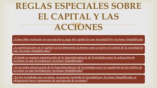 
¿Cómo debe realizarse la suscripción y pago del capital de una Sociedad Por Acciones Simplificada
¿La participación en el capital social determina la forma como se ejerce el control de la sociedad en
una Acciones Simplificadas?
¿Cuándo se requiere autorización de la Superintendencia de Sociedades para la colocación de
acciones en una Sociedad por Acciones Simplificada?.
¿Se necesita autorización de la Superintendencia de Sociedades para la expedición de los títulos de
acciones en una Sociedad por Acciones Simplificada?
¿En las sociedades por acciones, en general, incluida la Sociedad por Acciones Simplificada, es
obligatorio hacer reglamento de suscripción de acciones?
REGLAS ESPECIALES SOBRE
EL CAPITAL Y LAS
ACCIONES
 