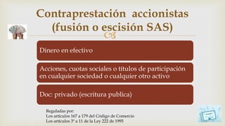 
Dinero en efectivo
Acciones, cuotas sociales o títulos de participación
en cualquier sociedad o cualquier otro activo
Doc: privado (escritura publica)
Contraprestación accionistas
(fusión o escisión SAS)
Reguladas por:
Los artículos 167 a 179 del Código de Comercio
Los artículos 3º a 11 de la Ley 222 de 1995
 