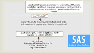 
creada en la legislación colombiana por la ley 1258 de 2008, es una
sociedad de capitales, de naturaleza comercial que puede constituirse
mediante contrato o acto unilateral y que constará en documento
privado
NATURALEZA
siempre de carácter comercial, independientemente de las
actividades que se encuentren previstas en su objeto social
¿La Sociedad por Acciones Simplificada puede
negociar sus acciones en bolsa?
no pueden ser
inscritas en el Registro Nacional de
Valores y Emisores, ni
negociarse en bolsa
 