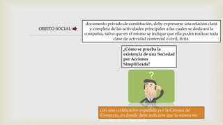 
OBJETO SOCIAL
documento privado de constitución, debe expresarse una relación clara
y completa de las actividades principales a las cuales se dedicará la
compañía, salvo que en el mismo se indique que ella podrá realizar toda
clase de actividad comercial o civil, lícita.
¿Cómo se prueba la
existencia de una Sociedad
por Acciones
Simplificada?
con una certificación expedida por la Cámara de
Comercio, en donde debe indicarse que la misma no
está disuelta ni liquidada
 