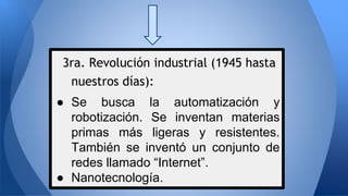 3ra. Revolución industrial (1945 hasta 
nuestros días): 
● Se busca la automatización y 
robotización. Se inventan materias 
primas más ligeras y resistentes. 
También se inventó un conjunto de 
redes llamado “Internet”. 
● Nanotecnología. 
 