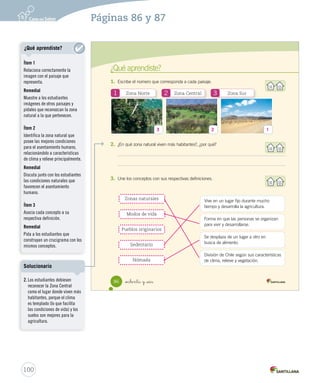 ¿Qué aprendiste?
1. Escribe el número que corresponda a cada paisaje.
2. ¿En qué zona natural viven más habitantes?, ¿por qué?
3. Une los conceptos con sus respectivas definiciones.
Zona Norte1 Zona Sur3Zona Central2
Vive en un lugar fijo durante mucho
tiempo y desarrolla la agricultura.
Forma en que las personas se organizan
para vivir y desarrollarse.
Se desplaza de un lugar a otro en
busca de alimento.
División de Chile según sus características
de clima, relieve y vegetación.
Zonas naturales
Modos de vida
Pueblos originarios
Sedentario
Nómada
86 _ochenta y _seis
SOC2 U2 P44-63.indd 86 27-06-12 18:05
3 2 1
100
Páginas 86 y 87
¿Qué aprendiste?
Ítem 1
Relaciona correctamente la
imagen con el paisaje que
representa.
Remedial
Muestre a los estudiantes
imágenes de otros paisajes y
pídales que reconozcan la zona
natural a la que pertenecen.
Ítem 2
Identifica la zona natural que
posee las mejores condiciones
para el asentamiento humano,
relacionándolo a características
de clima y relieve principalmente.
Remedial
Discuta junto con los estudiantes
las condiciones naturales que
favorecen el asentamiento
humano.
Ítem 3
Asocia cada concepto a su
respectiva definición.
Remedial
Pida a los estudiantes que
construyan un crucigrama con los
mismos conceptos.
2. Los estudiantes debiesen
reconocer la Zona Central
como el lugar donde viven más
habitantes, porque el clima
es templado (lo que facilita
las condiciones de vida) y los
suelos son mejores para la
agricultura.
Solucionario
 