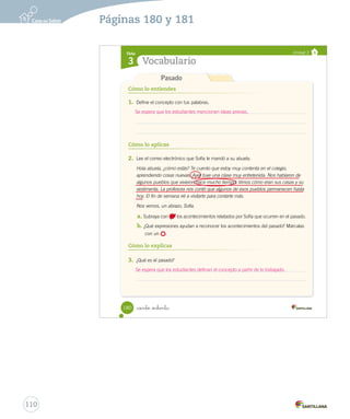 Cómo lo entiendes
Cómo lo aplicas
1. Define el concepto con tus palabras.
2. Lee el correo electrónico que Sofía le mandó a su abuela.
Hola abuela, ¿cómo estás? Te cuento que estoy muy contenta en el colegio,
aprendiendo cosas nuevas. Ayer tuve una clase muy entretenida. Nos hablaron de
algunos pueblos que vivieron hace mucho tiempo. Vimos cómo eran sus casas y su
vestimenta. La profesora nos contó que algunos de esos pueblos permanecen hasta
hoy. El fin de semana iré a visitarte para contarte más.
Nos vemos, un abrazo, Sofía.
a. Subraya con los acontecimientos relatados por Sofía que ocurren en el pasado.
b. ¿Qué expresiones ayudan a reconocer los acontecimientos del pasado? Márcalas
con un .
3. ¿Qué es el pasado?
Cómo lo explicas
Ficha
Vocabulario3
Unidad 2
Pasado
180 _ciento _ochenta
Anexos_soc_2.indd 180 16-06-12 0:34
aprendiendo cosas nuevas. Ayer tuve una clase muy entretenida. Nos hablaron de
algunos pueblos que vivieron hace mucho tiempo. Vimos cómo eran sus casas y su
110
Páginas 180 y 181
Se espera que los estudiantes mencionen ideas previas.
Se espera que los estudiantes definan el concepto a partir de lo trabajado.
 