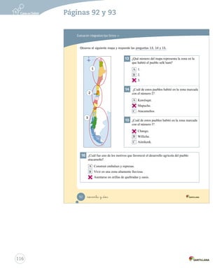 Observa el siguiente mapa y responde las preguntas 13, 14 y 15.
Evaluación integradora tipo Simce MR
13	 ¿Qué número del mapa representa la zona en la
que habitó el pueblo selk’nam?
A 1.
B 2.
C 3.
14	 ¿Cuál de estos pueblos habitó en la zona marcada
con el número 2?
A Kawésqar.
B Mapuche.
C Atacameños.
15	 ¿Cuál de estos pueblos habitó en la zona marcada
con el número 1?
A Chango.
B Williche.
C Aónikenk.
16	 ¿Cuál fue uno de los motivos que favoreció el desarrollo agrícola del pueblo
atacameño?
A Construir embalses y represas.
B Vivir en una zona altamente lluviosa.
C Asentarse en orillas de quebradas y oasis.
1
2
3
noventa y _dos92
P88-93.indd 92 27-06-12 18:01
116
Páginas 92 y 93
C
B
A
C
 