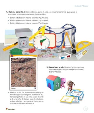 Sociedad 2º básico
4. Material concreto. Bolsón didáctico para el aula con material concreto que apoya el
aprendizaje en las cuatro asignaturas fundamentales.
• Bolsón didáctico con material concreto 1º y 2º básico
• Bolsón didáctico con material concreto 3º y 4º básico
• Bolsón didáctico con material concreto 5º y 6º básico
5. Material para la sala. Casa con las dos mascotas
y 100 tarjetas por curso para trabajar con la familia,
de 1º a 4º básico.
• Bolsón didáctico con material concreto 5º y 6º básico
• Láminas en 3D. Set de láminas impresas y en
formato digital con imágenes de Chile en 3D.
Van acompañadas de una ficha para el docente
y de una ficha de trabajo para el estudiante,
ambas editables y vinculadas a los cursos en
que puede utilizarse cada lámina.
11
 