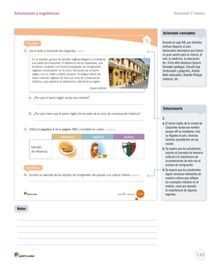 Valorar el aporte de los inmigrantes a la sociedad chilena
_ciento nueve 109
2. Lee el texto y responde las preguntas. Inferir
3. Utiliza la pegatina 4 de la página 195 y completa el cuadro. Clasificar
4. Escribe un ejemplo de los aportes de inmigrantes del pasado a la cultura chilena. Aplicar
Practica
Sintetiza
a. ¿Por qué el barrio inglés recibe ese nombre?
b. ¿Por qué crees que el barrio inglés forma parte de la zona de conservación histórica?
alemanes ingleses árabes
Ejemplo
de influencia
En el pasado, grupos de familias inglesas llegaron a instalarse
a la bahía de Coquimbo. A diferencia de los españoles, que
fundaron ciudades con forma rectangular, los inmigrantes
ingleses construyeron en el cerro, formando así el barrio
inglés, con su estilo y diseño propios. El antiguo barrio de
viejas casonas inglesas es hoy una zona de conservación
histórica, que preserva el patrimonio cultural de la región.
Equipo editorial
SOC2 U3 P96-131.indd 109 16-06-12 0:25
133
Solucionario y sugerencias Sociedad 2º básico
Notas
Durante el siglo XIX, por distintos
motivos llegaron al país
destacados extranjeros que fueron
un gran aporte para la ciencia, el
arte, la medicina, la educación,
etc. Entre ellos destacan Ignacio
Domeyko (geólogo), Claudio Gay
(historiador y geógrafo), Andrés
Bello (educador), Rodulfo Philippi
(médico), etc.
Aclarando conceptos
2.
a. El barrio inglés de la ciudad de
Coquimbo recibe ese nombre
porque allí se instalaron, tras
su llegada al país, diversas
familias procedentes de esa
nación.
b. Se espera que los estudiantes
asocien el concepto de herencia
cultural y la importancia de
la preservación de esta con el
proceso de inmigración.
4. Se espera que los estudiantes
logren reconocer elementos de
nuestra cultura que reflejan
los conceptos tratados en el
módulo, como por ejemplo
la arquitectura de algunas
regiones.
Solucionario
 