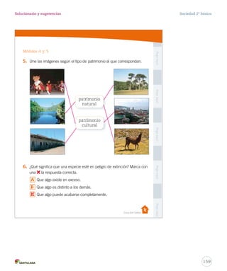 PegaaquíPegaaquíPegaaquíPegaaquíPegaaquí
Casa del Saber
s 5. Une las imágenes según el tipo de patrimonio al que correspondan.
6. ¿Qué significa que una especie esté en peligro de extinción? Marca con
una la respuesta correcta.
A Que algo existe en exceso.
B Que algo es distinto a los demás.
C Que algo puede acabarse completamente.
Módulos 4 y 5
de,
e
n
o
e
patrimonio
natural
patrimonio
cultural
28-06-12 12:40
C
159
Solucionario y sugerencias Sociedad 2º básico
 