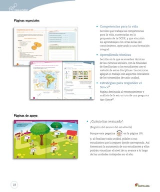 • Competencias para la vida
Sección que trabaja las competencias
para la vida, sustentadas en la
propuesta de la OCDE, y que vinculan
los aprendizajes con otras áreas del
conocimiento, aportando a una formación
integral.
• Aprendiendo técnicas
Sección en la que se enseñan técnicas
de las ciencias sociales, con la finalidad
de familiarizar a los estudiantes con el
método de estas disciplinas. Las técnicas
apoyan el trabajo con aspectos relevantes
de los contenidos de cada unidad.
• Estrategias para responder el
Simce
MR
Página destinada al reconocimiento y
análisis de la estructura de una pregunta
tipo SimceMR
.
Encierra en un la respuesta correcta según la receta.
¿Cuántas tazas de harina se necesitan? 1 2 3¿Cuántas tazas de harina se necesitan? 1 2 3
¿Cuántas cucharaditas de sal debo aplicar? 1 2 3¿Cuántas cucharaditas de sal debo aplicar? 1 2 3
¿Cuántos panes de manteca debo usar? 1 2 3¿Cuántos panes de manteca debo usar? 1 2 3
¿Cuántas tazas de agua tibia necesito? 1 2 3¿Cuántas tazas de agua tibia necesito? 1 2 3
Competencia matemática
Comunicación lingüística
Escribe una receta de algún plato típico del lugar donde vives, o de alguna comida
que se prepare para una fiesta o celebración tradicional de tu zona. Puedes consultar
a un familiar o a tu profesora o profesor.
127
Competencias para la vida
Aprender una receta me ayuda a conocer la cultura culinaria de un lugar
La comida es parte fundamental de las tradiciones y costumbres de un lugar. En el caso
de nuestro país, las sopaipillas son comunes en todas las regiones, aunque se diferencian
en su forma y tamaño.
Receta de sopaipillas para 4 personas
Ingredientes
• 2 tazas de harina sin polvos de hornear
• 2 tazas de agua tibia
• 1 pan de manteca pequeño
• 1 cucharadita de levadura
• 1 cucharadita de sal
Para freir
• Aceite
Preparación
1. Mezcla la harina con el agua, la levadura y la sal.
2. Agrega la manteca.
3. Amasa sobre una tabla con harina.
4. Extiende la masa con un uslero; que no quede ni muy delgada ni muy gruesa.
5. Corta las sopaipillas y pínchalas con un tenedor.
6. Pide a un adulto que las fría en abundante aceite caliente.
126 _ciento veintiséis_ciento veintiséis_ciento veintiséis_ciento veintiséis_ciento veintiséis_ciento veintiséis_ciento veintiséis
Páginas especiales
Páginas de apoyo
• ¿Cuánto has avanzado?
(Registro del avance del estudiante)
Busque esta pegatina en la página 195
y, al finalizar cada unidad, pídales a sus
estudiantes que la peguen donde corresponda. Así
fomentará la autonomía de sus estudiantes y ellos
podrán visualizar el nivel de su avance a lo largo
de las unidades trabajadas en el año.
Unidad 1
Ubicación espacial
Observa cómo se hace
1 Lee la simbología y observa el plano.
¿Dónde está la plaza?
A Al oeste de la iglesia.
B Al norte de la biblioteca.
C Al sur de supermercado.
2 ¿Dónde está la biblioteca?
A Al norte de la iglesia.
B Al oeste de la plaza.
C Al este del supermercado.
11 Lee la simbología y observa el plano.Lee la simbología y observa el plano.
Ahora hazlo tú
41_cuarenta y _uno
Iglesia
Biblioteca
Supermercado
Plaza
O
N
E
S
Para responder correctamente, observa el planoPara responder correctamente, observa el planoPara responder correctamente, observa el plano
y comprueba si la ubicación de los lugares
mencionados es real. Así, te darás cuenta de
que la plaza está al norte de la biblioteca.
MR
Simce es marca registrada del Ministerio de Educación.
MR
Estrategias para responder el Simce
40 _cuarenta
Aprendiendo técnicas
¿Cómo leer la información que entrega un mapa?
Un mapa entrega diversa información, por lo que es importante saber leerlos.
Estos pasos te ayudarán a interpretar un mapa:
Mapa físico de América
O
N
E
S
Observa el mapa
de referencia para
saber qué parte
de la superficie
terrestre se está
representando.
Analiza la simbología para
entender el significado de
los símbolos o colores que
aparecen en el mapa.
Lee el título para
saber de qué
se trata el mapa.
Ubica los puntos
cardinales para
orientarte
en el espacio.O
N
E
Para practicar la técnica
trabaja en el cartón 2.
Sociedad 2º básico
Unidad 3
Nuestra
herencia
Página
94
Unidad 4
Vivir en
comunidad
Página
132
_siete 7
La CasadelSaber se construye día a día.r se construye día a día.r
Busca la pegatina al final del texto y
pégala para registrar tu avance.
Unidad 2
Chile, diversidad
de paisajes
y de
pueblos
Página
44
Unidad 1
Ubicarse enUbicarse en
el espacioel espacio
Página
14
_seis
¿Cuánto has avanzado?
pueblos
Unidad 2
6
18
 