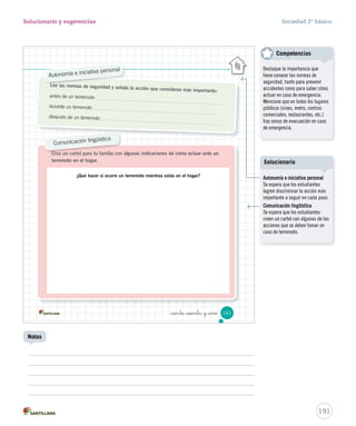 Crea un cartel para tu familia con algunas indicaciones de cómo actuar ante un
terremoto en el hogar.
Lee las normas de seguridad y señala la acción que consideras más importante:
antes de un terremoto
durante un terremoto
después de un terremoto
Crea un cartel para tu familia con algunas indicaciones de cómo actuar ante un
Comunicación lingüística
Lee las normas de seguridad y señala la acción que consideras más importante:
Autonomía e iniciativa personal
¿Qué hacer si ocurre un terremoto mientras estás en el hogar?
161_ciento _sesenta y _uno
SOC2 U4 P132-165.indd 161 16-06-12 0:29
191
Solucionario y sugerencias Sociedad 2º básico
Notas
Destaque la importancia que
tiene conocer las normas de
seguridad, tanto para prevenir
accidentes como para saber cómo
actuar en caso de emergencia.
Mencione que en todos los lugares
públicos (cines, metro, centros
comerciales, restaurantes, etc.)
hay zonas de evacuación en caso
de emergencia.
Competencias
Autonomía e iniciativa personal
Se espera que los estudiantes
logren discriminar la acción más
importante a seguir en cada paso.
Comunicación lingüística
Se espera que los estudiantes
creen un cartel con algunas de las
acciones que se deben tomar en
caso de terremoto.
Solucionario
 