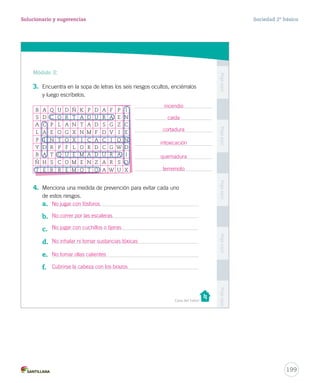 PegaaquíPegaaquíPegaaquíPegaaquíPegaaquí
Casa del Saber
B 3. Encuentra en la sopa de letras los seis riesgos ocultos, enciérralos
y luego escríbelos.
4. Menciona una medida de prevención para evitar cada uno
de estos riesgos.
a.
b.
c.
d.
e.
f.
Módulo 3:
de,
e
n
no
B A Q U D Ñ K P D A F P I
S D C O R T A D U R A E N
A C P L A N T A D S G Z C
L A E O G X N M F D V I E
P I N T O X I C A C I O N
Y D R P F L O R D C G W D
B A T Q U E M A D U R A I
Ñ H S C O M E N Z A R S O
T E R R E M O T O A W U X
ión
B
27-06-12 18:22
199
Solucionario y sugerencias Sociedad 2º básico
incendio
caída
cortadura
intoxicación
quemadura
terremoto
No jugar con fósforos
No correr por las escaleras
No jugar con cuchillos o tijeras
No inhalar ni tomar sustancias tóxicas
No tomar ollas calientes
Cubrirse la cabeza con los brazos
 