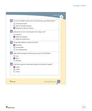 Segundo básico
20	 Si ocurre un temblor mientras estás en la sala de clases, ¿qué deberías hacer?
A Correr hasta el patio.
B Salir lo más rápido al pasillo.
C Refugiarse al lado de los bancos.
21	 ¿Qué tipo de servicio se necesita para ir de un lugar a otro?
A Comercio.
B Medios de transporte.
C Medios de comunicación.
22	 ¿En qué lugar podemos comprar al aire libre?
A En la feria.
B En una tienda.
C En el supermercado.
23	 ¿Qué medio de transporte utilizarías para cruzar a la isla de Chiloé?
A Tren.
B Barco.
C Bicicletas.
24	 ¿Cuál de las siguientes instituciones protege solo las especies vegetales?
A Conaf.
B Codeff.
C Unesco.
171_ciento _setenta y _uno
Prueba integrativa_2 2°.indd 171 16-06-12 0:31
205
Sociedad 2º básico
C
B
A
B
A
 