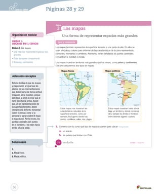 Los mapas
Módulo
3
Una forma de representar espacios más grandes
Los mapas también representan la superficie terrestre o una parte de ella. En ellos se
usan símbolos y colores para informar de las características de la zona representada,
como ríos, montañas o carreteras. Asimismo, tienen señalados los puntos cardinales
y muestran la realidad a escala.
Los mapas muestran territorios más grandes que los planos, como países y continentes.
Este año utilizaremos dos tipos de mapas:
1. Comenta con tu curso qué tipo de mapa ocuparían para ubicar: Comprender
a. un volcán.
b. los países que limitan con Chile.
Lee y comenta
EE UU
Mapas físicos Mapas políticos
Estos mapas nos muestran las
características naturales de la
superficie terrestre, como por
ejemplo, los lugares donde hay
cerros, cordilleras, valles, ríos y lagos.
Estos mapas muestran hasta dónde
llega un territorio y dónde comienza
otro. Señalan los límites o fronteras
entre distintos lugares o países.
O
N
E
SS
O
N
E
SSSS
28 veintiocho Unidad 1 / Geografía
SOC2 U1 P14-43.indd 28 16-06-12 0:12
36
Páginas 28 y 29
UNIDAD 1:
UBICARSE EN EL ESPACIO
Módulo 3: Los mapas
• Una forma de representar espacios más
grandes
• Globo terráqueo y mapamundi
• Océanos y continentes
Organización modular
Retome la idea de que los mapas
y mapamundi, al igual que los
planos, no son representaciones
que deben leerse de forma vertical
(colgados en la muralla), porque
esto lleva al error de creer que el
norte está hacia arriba. Aclare
que, al ser representaciones de
la superficie terrestre, deben
interpretarse de forma horizontal
(sobre la mesa), como si la
persona se parara sobre el mapa
o mapamundi. Por lo mismo, los
puntos cardinales son puntos
en el horizonte, y no están hacia
arriba o hacia abajo.
Aclarando conceptos
1.
a. Mapa físico.
b. Mapa político.
Solucionario
 