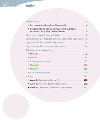 Índice
Presentación..................................................................................... 4
• Los nuevos desafíos del cambio curricular.................................. 4
• Fundamentos del cambio curricular en la asignatura
de Historia, Geografía y Ciencias Sociales..................................... 5
Pilares del proyecto Casa del Saber.............................................. 6
Componentes del proyecto Casa del Saber para el profesor.... 8
Organización del Texto del estudiante...................................... 16
Organización de la Guía para el profesor.................................. 20
Solucionario y sugerencias:
• Unidad 1................................................................................... 22
• Unidad 2................................................................................... 58
• Evaluación integradora............................................................ 112
• Unidad 3................................................................................. 118
• Unidad 4................................................................................. 162
• Evaluación integradora............................................................200
Anexos .......................................................................................... 207
• Anexo 1: Bases curriculares y TIC...........................................208
• Anexo 2: Propuesta de planificación anual ............................. 212
• Anexo 3: Ejemplo de planificación clase a clase..................... 213
 