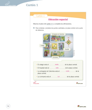 Cartón 1
Ubicación espacial
Observa el plano del cartón n° 1 y completa las afirmaciones.
Para contestar, considera los puntos cardinales y la plaza central como punto
de referencia.
• El colegio está al de la plaza central.
• El hospital está al de la plaza central.
• La embajada de Colombia está al de la
plaza central.
• La comisaría está al de la plaza central.
Comisaría
Colegio
Hospital
Embajada de Colombia
HumbertoRuiz
Cartones_2do.indd 1 20-06-12 17:04
56
Cartón 1
oeste
este
norte
sur
 