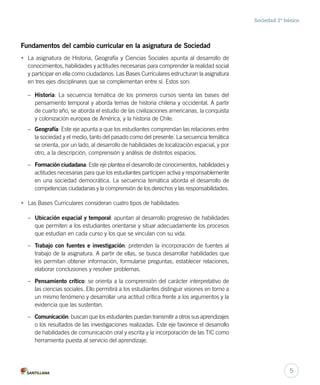 Sociedad 2º básico
Fundamentos del cambio curricular en la asignatura de Sociedad
• La asignatura de Historia, Geografía y Ciencias Sociales apunta al desarrollo de
conocimientos, habilidades y actitudes necesarias para comprender la realidad social
y participar en ella como ciudadanos. Las Bases Curriculares estructuran la asignatura
en tres ejes disciplinares que se complementan entre sí. Estos son:
– Historia: La secuencia temática de los primeros cursos sienta las bases del
pensamiento temporal y aborda temas de historia chilena y occidental. A partir
de cuarto año, se aborda el estudio de las civilizaciones americanas, la conquista
y colonización europea de América, y la historia de Chile.
– Geografía: Este eje apunta a que los estudiantes comprendan las relaciones entre
la sociedad y el medio, tanto del pasado como del presente. La secuencia temática
se orienta, por un lado, al desarrollo de habilidades de localización espacial, y por
otro, a la descripción, comprensión y análisis de distintos espacios.
– Formación ciudadana: Este eje plantea el desarrollo de conocimientos, habilidades y
actitudes necesarias para que los estudiantes participen activa y responsablemente
en una sociedad democrática. La secuencia temática aborda el desarrollo de
competencias ciudadanas y la comprensión de los derechos y las responsabilidades.
• Las Bases Curriculares consideran cuatro tipos de habilidades:
– Ubicación espacial y temporal: apuntan al desarrollo progresivo de habilidades
que permiten a los estudiantes orientarse y situar adecuadamente los procesos
que estudian en cada curso y los que se vinculan con su vida.
– Trabajo con fuentes e investigación: pretenden la incorporación de fuentes al
trabajo de la asignatura. A partir de ellas, se busca desarrollar habilidades que
les permitan obtener información, formularse preguntas, establecer relaciones,
elaborar conclusiones y resolver problemas.
– Pensamiento crítico: se orienta a la comprensión del carácter interpretativo de
las ciencias sociales. Ello permitirá a los estudiantes distinguir visiones en torno a
un mismo fenómeno y desarrollar una actitud crítica frente a los argumentos y la
evidencia que las sustentan.
– Comunicación: buscan que los estudiantes puedan transmitir a otros sus aprendizajes
o los resultados de las investigaciones realizadas. Este eje favorece el desarrollo
de habilidades de comunicación oral y escrita y la incorporación de las TIC como
herramienta puesta al servicio del aprendizaje.
5
 