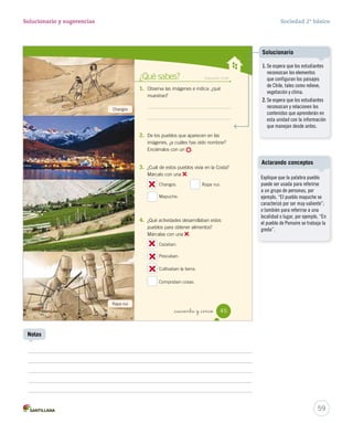 _cuarenta y _cinco
¿Qué sabes? Evaluación inicial
1. Observa las imágenes e indica: ¿qué
muestran?
2. De los pueblos que aparecen en las
imágenes, ¿a cuáles has oído nombrar?
Enciérralos con un .
3. ¿Cuál de estos pueblos vivía en la Costa?
Márcalo con una .
4. ¿Qué actividades desarrollaban estos
pueblos para obtener alimentos?
Márcalas con una .
Changos. Rapa nui.
Mapuche.
Cazaban.
Pescaban.
Cultivaban la tierra.
Compraban cosas.
Changos
Rapa nui
45
SOC2 U2 P44-63.indd 45 16-06-12 0:14
59
Solucionario y sugerencias Sociedad 2º básico
Notas
1. Se espera que los estudiantes
reconozcan los elementos
que configuran los paisajes
de Chile, tales como relieve,
vegetación y clima.
2. Se espera que los estudiantes
reconozcan y relacionen los
contenidos que aprenderán en
esta unidad con la información
que manejan desde antes.
Solucionario
Explique que la palabra pueblo
puede ser usada para referirse
a un grupo de personas, por
ejemplo, “El pueblo mapuche se
caracterizó por ser muy valiente”;
o también para referirse a una
localidad o lugar, por ejemplo, “En
el pueblo de Pomaire se trabaja la
greda”.
Aclarando conceptos
 
