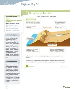 Del desierto a los valles
Módulo
2
Lee y comenta
Zona Norte: clima y relieve
Ciudades como Arica, Iquique,
Antofagasta, Chañaral o
La Serena se ubican en la costa.
Hay ríos, quebradas y oasis
que permiten la existencia de
vegetación. En esta zona se
localiza también el río Loa, el
más largo de Chile.
Pese a que en esta zona llueve muy
poco, la humedad que proviene de la
costa, llamada camanchaca, permite
el desarrollo de vegetación
más variada.
Se localiza el desierto de Atacama, una
extensa zona en la que casi no llueve,
por lo que la vegetación es muy escasa.
La Zona Norte tiene un clima seco. Esto significa que hace calor durante el día y llueve
muy poco.
En el Norte Chico desaparecen el Altiplano y el desierto. Aparecen valles formados por ríos
que van desde la cordillera de los Andes hasta el mar. Las costas presentan amplias playas.
Océano Pacífico
Cordillera de la Costa
Pampa del Tamarugal
Quebrada
50 _cincuenta Unidad 2 / Geografía
SOC2 U2 P44-63.indd 50 16-06-12 0:14
64
Páginas 50 y 51
UNIDAD 2:
CHILE, DIVERSIDAD DE PAISAJES Y
DE PUEBLOS
Módulo 2: Del desierto a los valles
• Zona Norte: clima y relieve
• Relación con el espacio natural
• Zona Central: clima y relieve
• Relación con el espacio natural
Organización modular
Indique a los estudiantes que el
desierto de Atacama es el más
seco del mundo y que presenta
temperaturas extremas, puesto
que en el día hace calor y en la
noche mucho frío, llegando incluso
a temperaturas bajo cero. Explique
que los valles transversales del
Norte Chico se forman por los
brazos montañosos de la cordillera
de los Andes que cruzan los valles
hasta juntarse con la Cordillera de
la Costa.
Aclarando conceptos
Defina de manera muy simple
oasis, quebrada, pampa y
altiplano, use las imágenes
recortables de las páginas 187,
189 o 191, según corresponda al
contenido tratado.
oasis: lugar con vegetación en
medio del desierto, gracias a la
presencia de aguas submarinas.
quebrada: zona por la que corre
agua de manera ocasional.
altiplano: zona alta y plana que se
encuentra en la cordillera, a gran
altura.
Aclarando conceptos
 