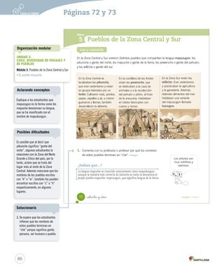Módulo
Pueblos de la Zona Central y Sur5
En la Zona Central y Sur vivieron distintos pueblos que compartían la lengua mapuzugun: los
pikunche o gente del norte; los mapuche o gente de la tierra; los pewenche o gente del pehuén;
y los williche o gente del sur.
Lee y comenta
¿Sabías que...?
La lengua mapuche es conocida comúnmente como mapudungun,
aunque la manera más correcta de llamarla es como la denomina el
propio pueblo mapuche: mapuzugun, que significa lengua de la tierra.
En la cordillera de los Andes
vivían los pewenche, que
se dedicaban a la caza de
animales y a la recolección
del pehuén o piñón, el fruto
de la araucaria. Habitaban
en toldos fabricados con
cueros y ramas.
En la Zona Sur vivían los
williche. Eran sedentarios
y practicaban la agricultura
y la ganadería. Además,
obtenían alimentos del mar.
Hablaban una variante
del mapuzugun llamada
tsezugun.
En la Zona Central se
localizaban los pikunche,
que eran sedentarios y vivían
en grupos liderados por un
lonko. Cultivaron maíz, porotos,
papas, zapallos y ají, y criaron
guanacos y llamas; también
desarrollaron la alfarería.
1. Comenta con tu profesora o profesor por qué los nombres
de estos pueblos terminan en “che”. Indagar
Los piñones son
muy nutritivos y
sabrosos.
72 Unidad 2 / Historia_setenta y _dos
SOC2 U2 P44-63.indd 72 27-06-12 17:55
86
Páginas 72 y 73
Es posible que al decir que
pikunche significa “gente del
norte”, algunos estudiantes lo
relacionen con la Zona del Norte
Grande o Chico del país, por lo
tanto, aclare que se trata del
lugar más al norte de la Zona
Central. Además mencione que los
nombres de los pueblos escritos
con “k” o “w”, también los pueden
encontrar escritos con “c” o “h”
respectivamente, en algunos
lugares.
Posibles dificultades
Explique a los estudiantes que
mapuzugun es la forma como los
mapuche denominan su lengua,
que se ha masificado con el
nombre de mapudungun.
Aclarando conceptos
UNIDAD 2:
CHILE, DIVERSIDAD DE PAISAJES Y
DE PUEBLOS
Módulo 5: Pueblos de la Zona Central y Sur
• El pueblo mapuche
Organización modular
1. Se espera que los estudiantes
infieran que los nombres de
estos pueblos terminan en
“che” porque significa gente,
persona, ser humano o pueblo.
Solucionario
 