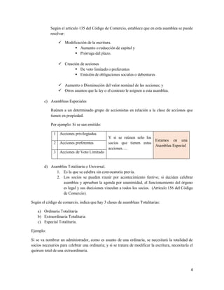 4
Según el artículo 135 del Código de Comercio, establece que en esta asamblea se puede
resolver:
 Modificación de la escritura.
 Aumento o reducción de capital y
 Prórroga del plazo.
 Creación de acciones
 De voto limitado o preferentes
 Emisión de obligaciones sociales o debentures
 Aumento o Disminución del valor nominal de las acciones; y
 Otros asuntos que la ley o el contrato le asignen a esta asamblea.
c) Asambleas Especiales
Reúnen a un determinado grupo de accionistas en relación a la clase de acciones que
tienen en propiedad.
Por ejemplo: Si se san emitido:
1 Acciones privilegiadas
Y si se reúnen solo los
socios que tienen estas
acciones….
Estamos en una
Asamblea Especial
2 Acciones preferentes
3 Acciones de Voto Limitado
d) Asamblea Totalitaria o Universal.
1. Es la que se celebra sin convocatoria previa.
2. Los socios se pueden reunir por acontecimiento festivo; si deciden celebrar
asamblea y aprueban la agenda por unanimidad, el funcionamiento del órgano
es legal y sus decisiones vinculan a todos los socios. (Artículo 156 del Código
de Comercio).
Según el código de comercio, indica que hay 3 clases de asambleas Totalitarias:
a) Ordinaria Totalitaria
b) Extraordinaria Totalitaria
c) Especial Totalitaria.
Ejemplo:
Si se va nombrar un administrador, como es asunto de una ordinaria, se necesitará la totalidad de
socios necesarios para celebrar una ordinaria; y si se tratara de modificar la escritura, necesitaría el
quórum total de una extraordinaria.
 
