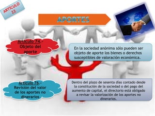 Artículo 74.-
  Objeto del          En la sociedad anónima sólo pueden ser
    aporte            objeto de aporte los bienes o derechos
                      susceptibles de valoración económica.




  Artículo 76.-      Dentro del plazo de sesenta días contado desde
Revisión del valor    la constitución de la sociedad o del pago del
                     aumento de capital, el directorio está obligado
de los aportes no
                        a revisar la valorización de los aportes no
    dinerarios                           dinerarios.
 