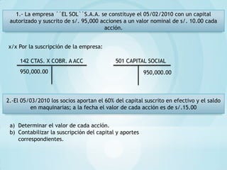 1.- La empresa ´´EL SOL``S.A.A. se constituye el 05/02/2010 con un capital
 autorizado y suscrito de s/. 95,000 acciones a un valor nominal de s/. 10.00 cada
                                      acción.


x/x Por la suscripción de la empresa:

     142 CTAS. X COBR. A ACC               501 CAPITAL SOCIAL
     950,000.00                                         950,000.00



2.-El 05/03/2010 los socios aportan el 60% del capital suscrito en efectivo y el saldo
          en maquinarias; a la fecha el valor de cada acción es de s/.15.00


 a) Determinar el valor de cada acción.
 b) Contabilizar la suscripción del capital y aportes
    correspondientes.
 