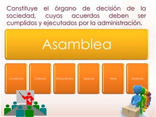 Asamblea
Constitutiva Ordinaria Extraordinaria Especial Mixta Totalitaria
Constituye el órgano de decisión de la
sociedad, cuyos acuerdos deben ser
cumplidos y ejecutados por la administración.
 