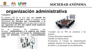 organización administrativa
Consejeros
El artículo 144 de la Ley dice que cuando los
administradores sean tres o más, el contrato social
determinará los derechos que correspondan a la
minoría en la designación, pero en todo caso la minoría
que represente un 25% del capital social nombrará
cuando menos un consejero.
En la práctica, los consejeros son
personas independientes a la empresa que tienen
experiencia para que el Consejo de Administración
tome sus decisiones. Entre sus responsabilidades
están:
1.Cumplir con un 70% de asistencia a las
sesiones.
2.Tomar decisiones imparciales.
3.Rendir un informe anual.
4.Comunicar al Consejo de Administración
cualquier situación en la que exista un conflicto
de interés, y no participar en esa deliberación.
SOCIEDAD ANÓNIMA
 