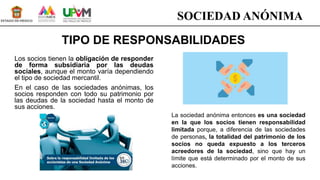 TIPO DE RESPONSABILIDADES
Los socios tienen la obligación de responder
de forma subsidiaria por las deudas
sociales, aunque el monto varía dependiendo
el tipo de sociedad mercantil.
En el caso de las sociedades anónimas, los
socios responden con todo su patrimonio por
las deudas de la sociedad hasta el monto de
sus acciones.
SOCIEDAD ANÓNIMA
La sociedad anónima entonces es una sociedad
en la que los socios tienen responsabilidad
limitada porque, a diferencia de las sociedades
de personas, la totalidad del patrimonio de los
socios no queda expuesto a los terceros
acreedores de la sociedad, sino que hay un
límite que está determinado por el monto de sus
acciones.
 