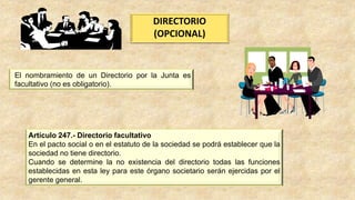 DIRECTORIO
(OPCIONAL)
Artículo 247.- Directorio facultativo
En el pacto social o en el estatuto de la sociedad se podrá establecer que la
sociedad no tiene directorio.
Cuando se determine la no existencia del directorio todas las funciones
establecidas en esta ley para este órgano societario serán ejercidas por el
gerente general.
El nombramiento de un Directorio por la Junta es
facultativo (no es obligatorio).
 