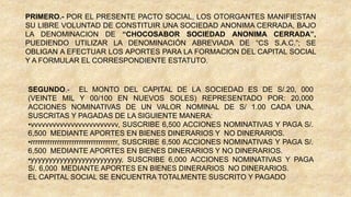 PRIMERO.- POR EL PRESENTE PACTO SOCIAL, LOS OTORGANTES MANIFIESTAN
SU LIBRE VOLUNTAD DE CONSTITUIR UNA SOCIEDAD ANONIMA CERRADA, BAJO
LA DENOMINACION DE “CHOCOSABOR SOCIEDAD ANONIMA CERRADA”,
PUEDIENDO UTILIZAR LA DENOMINACIÓN ABREVIADA DE “CS S.A.C.”; SE
OBLIGAN A EFECTUAR LOS APORTES PARA LA FORMACION DEL CAPITAL SOCIAL
Y A FORMULAR EL CORRESPONDIENTE ESTATUTO.
SEGUNDO.- EL MONTO DEL CAPITAL DE LA SOCIEDAD ES DE S/.20, 000
(VEINTE MIL Y 00/100 EN NUEVOS SOLES) REPRESENTADO POR: 20,000
ACCIONES NOMINATIVAS DE UN VALOR NOMINAL DE S/ 1.00 CADA UNA,
SUSCRITAS Y PAGADAS DE LA SIGUIENTE MANERA:
•vvvvvvvvvvvvvvvvvvvvvvvv, SUSCRIBE 6,500 ACCIONES NOMINATIVAS Y PAGA S/.
6,500 MEDIANTE APORTES EN BIENES DINERARIOS Y NO DINERARIOS.
•rrrrrrrrrrrrrrrrrrrrrrrrrrrrrrrrrrrr, SUSCRIBE 6,500 ACCIONES NOMINATIVAS Y PAGA S/.
6,500 MEDIANTE APORTES EN BIENES DINERARIOS Y NO DINERARIOS.
•yyyyyyyyyyyyyyyyyyyyyyyyy, SUSCRIBE 6,000 ACCIONES NOMINATIVAS Y PAGA
S/. 6,000 MEDIANTE APORTES EN BIENES DINERARIOS NO DINERARIOS.
EL CAPITAL SOCIAL SE ENCUENTRA TOTALMENTE SUSCRITO Y PAGADO
 