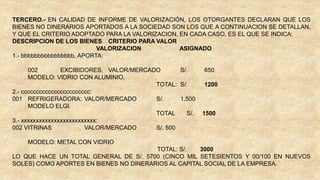 TERCERO.- EN CALIDAD DE INFORME DE VALORIZACIÓN, LOS OTORGANTES DECLARAN QUE LOS
BIENES NO DINERARIOS APORTADOS A LA SOCIEDAD SON LOS QUE A CONTINUACION SE DETALLAN,
Y QUE EL CRITERIO ADOPTADO PARA LA VALORIZACION, EN CADA CASO, ES EL QUE SE INDICA:
DESCRIPCION DE LOS BIENES CRITERIO PARA VALOR
VALORIZACION ASIGNADO
1.- bbbbbbbbbbbbbbbb, APORTA:
002 EXCIBIDORES, VALOR/MERCADO S/. 650
MODELO: VIDRIO CON ALUMINIO,
TOTAL: S/. 1200
2.- ccccccccccccccccccccccc:
001 REFRIGERADORA: VALOR/MERCADO S/. 1,500
MODELO ELGI.
TOTAL S/. 1500
3.- xxxxxxxxxxxxxxxxxxxxxxxxx:
002 VITRINAS VALOR/MERCADO S/. 500
MODELO: METAL CON VIDRIO
TOTAL: S/. 3000
LO QUE HACE UN TOTAL GENERAL DE S/. 5700 (CINCO MIL SETESIENTOS Y 00/100 EN NUEVOS
SOLES) COMO APORTES EN BIENES NO DINERARIOS AL CAPITAL SOCIAL DE LA EMPRESA.
 