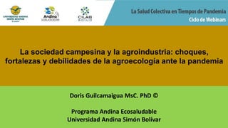 Doris Guilcamaigua MsC. PhD ©
Programa Andina Ecosaludable
Universidad Andina Simón Bolívar
La sociedad campesina y la agroindustria: choques,
fortalezas y debilidades de la agroecología ante la pandemia
 