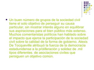 Un buen número de grupos de la sociedad civil tiene el solo objetivo de perseguir su causa particular, sin mostrar interés alguno en equilibrar sus aspiraciones para el bien público más extenso. Muchos comentaristas políticos han hablado sobre el impacto que ejerce la participación de la sociedad civil sobre la calidad de la forma de gobierno. Alexis De Tocqueville atribuyó la fuerza de la democracia estadunidense a la proliferación y solidez de .mil tipos diferentes. de asociaciones civiles que persiguen un objetivo común. 
