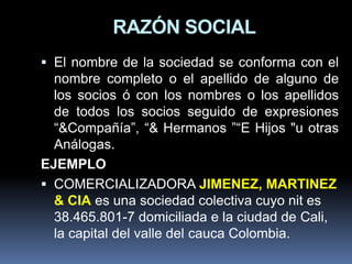 RAZÓN SOCIAL
 El nombre de la sociedad se conforma con el
nombre completo o el apellido de alguno de

los socios ó con los nombres o los apellidos
de todos los socios seguido de expresiones
“&Compañía”, “& Hermanos ”“E Hijos "u otras
Análogas.
EJEMPLO
 COMERCIALIZADORA JIMENEZ, MARTINEZ
& CIA es una sociedad colectiva cuyo nit es
38.465.801-7 domiciliada e la ciudad de Cali,
la capital del valle del cauca Colombia.

 