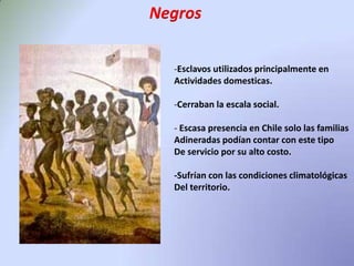 Mestizos- Nacidos de la relación entre Españoles e Indígenas.Realizaban diversas actividades: comerciantesArtesanos, campesinos, militares de bajo rangoEtc.Algunos vagaban por el territorio en busca De trabajo.Una parte de ellos lograban riquezas, mientras que otros eran pobre toda su vida.