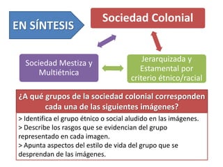 ¿A qué grupos de la sociedad colonial corresponden
cada una de las siguientes imágenes?
> Identifica el grupo étnico o social aludido en las imágenes.
> Describe los rasgos que se evidencian del grupo
representado en cada imagen.
> Apunta aspectos del estilo de vida del grupo que se
desprendan de las imágenes.
Sociedad Colonial
Jerarquizada y
Estamental por
criterio étnico/racial
Sociedad Mestiza y
Multiétnica
EN SÍNTESIS
 