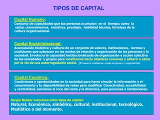 TIPOS DE CAPITAL
Capital Humano:
Conjunto de capacidades que las personas acumulan en el tiempo: como la
salud, conocimien...