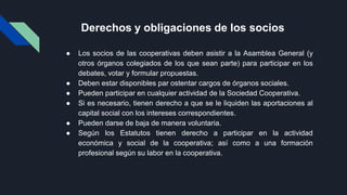 Derechos y obligaciones de los socios
● Los socios de las cooperativas deben asistir a la Asamblea General (y
otros órganos colegiados de los que sean parte) para participar en los
debates, votar y formular propuestas.
● Deben estar disponibles par ostentar cargos de órganos sociales.
● Pueden participar en cualquier actividad de la Sociedad Cooperativa.
● Si es necesario, tienen derecho a que se le liquiden las aportaciones al
capital social con los intereses correspondientes.
● Pueden darse de baja de manera voluntaria.
● Según los Estatutos tienen derecho a participar en la actividad
económica y social de la cooperativa; así como a una formación
profesional según su labor en la cooperativa.
 