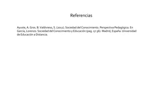 Referencias
Ayuste, A. Gros. B.Valdivieso, S. (2012). Sociedad del Conocimiento. Perspectiva Pedagógica. En
García, Lorenzo. Sociedad del Conocimiento y Educación (pag. 17-36). Madrid, España. Universidad
de Educación a Distancia.
 